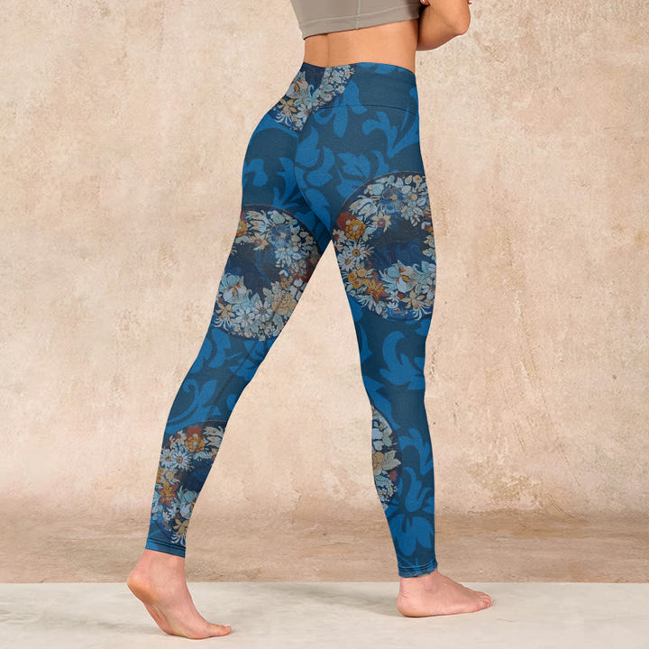 Buddha Stones Dark Blue Flowers In Bloom Print Sports Leggings Women's Yoga Pants - image 4