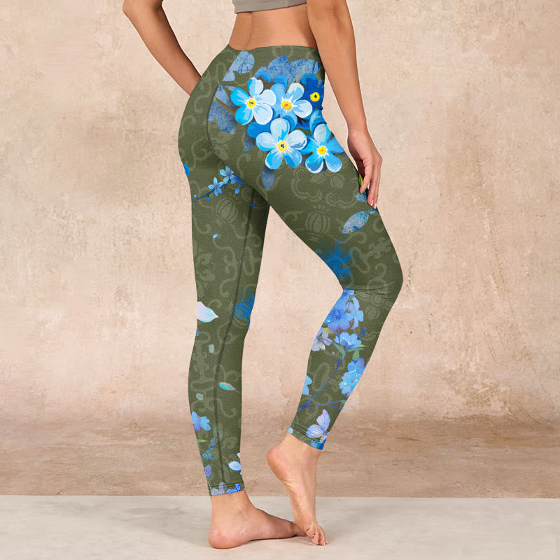 Buddha Stones Blue Flowers Butterflies Print Gym Leggings Women's Yoga Pants - image 2