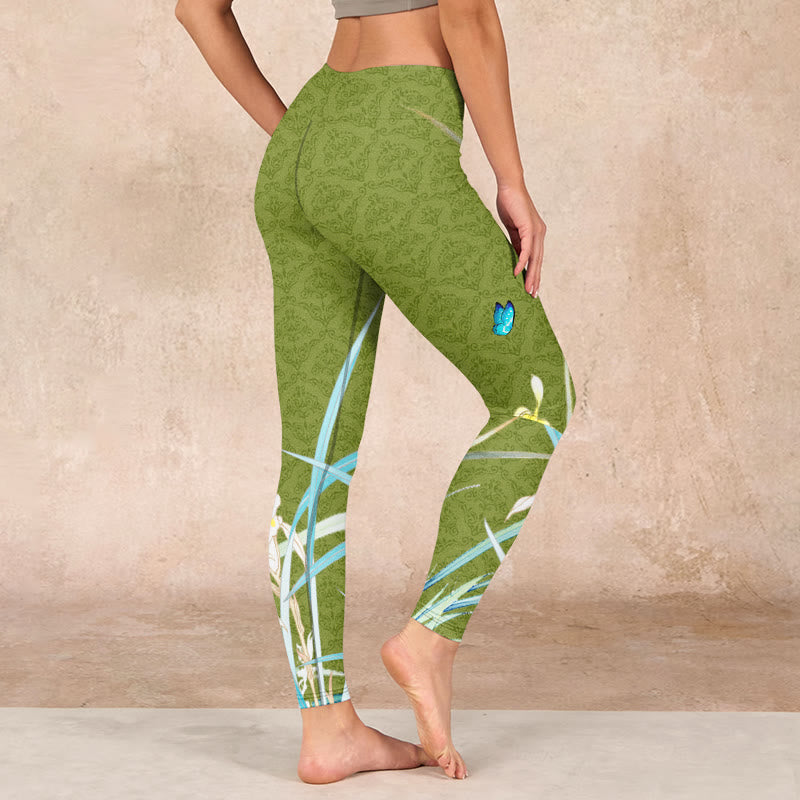 Buddha Stones Green Butterfly Orchid Flowers Print Gym Leggings Women's Yoga Pants - image 2