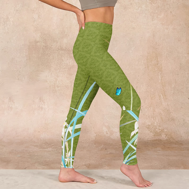 Buddha Stones Green Butterfly Orchid Flowers Print Gym Leggings Women's Yoga Pants - image 16