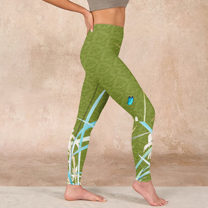 Buddha Stones Green Butterfly Orchid Flowers Print Gym Leggings Women's Yoga Pants - image 16