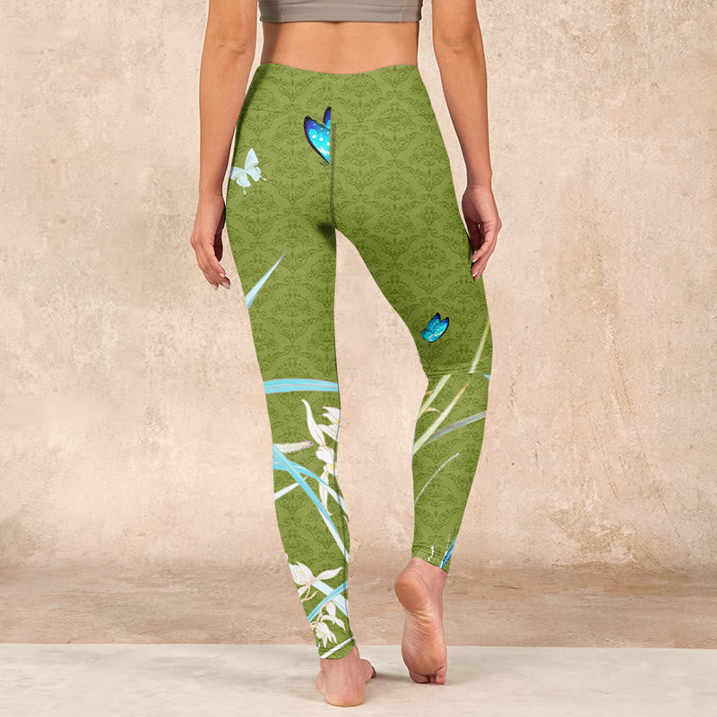 Buddha Stones Green Butterfly Orchid Flowers Print Gym Leggings Women's Yoga Pants - image 14