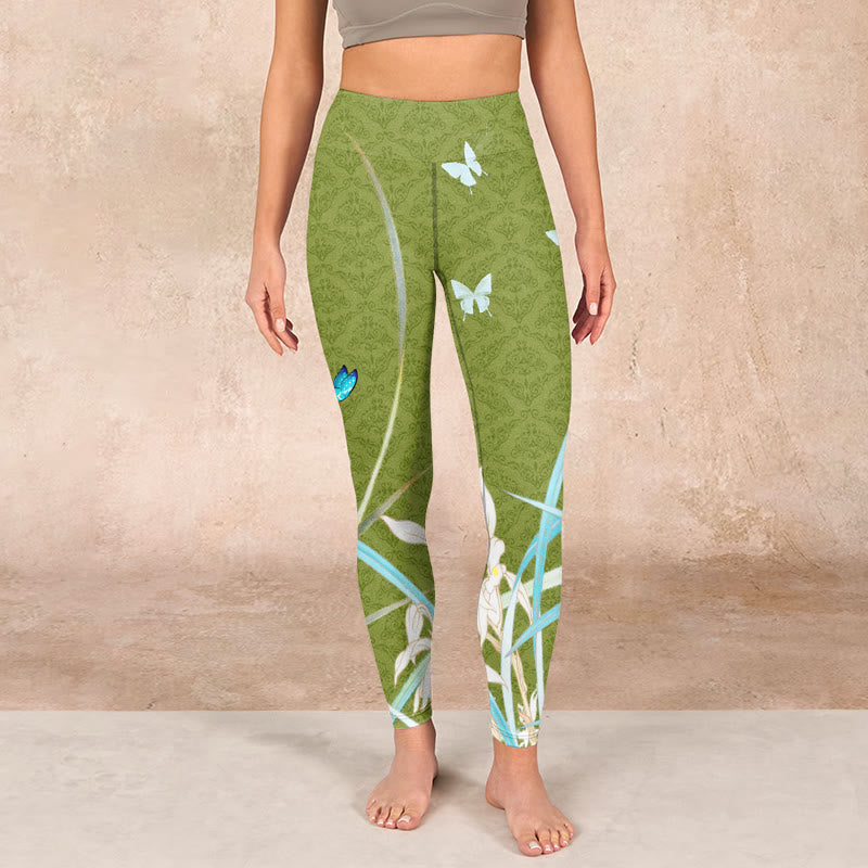 Buddha Stones Green Butterfly Orchid Flowers Print Gym Leggings Women's Yoga Pants - image 1