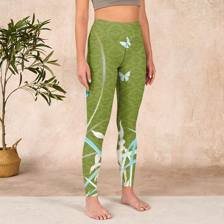 Buddha Stones Green Butterfly Orchid Flowers Print Gym Leggings Women's Yoga Pants - image 3