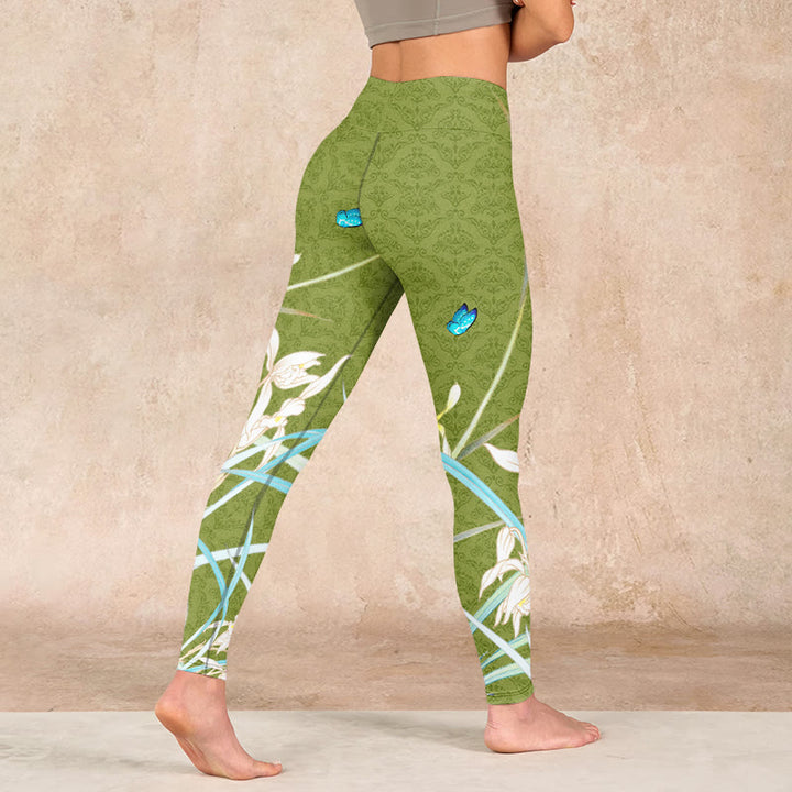 Buddha Stones Green Butterfly Orchid Flowers Print Gym Leggings Women's Yoga Pants - image 4