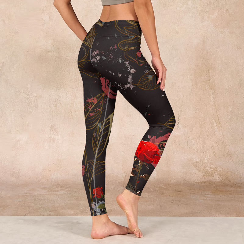 Buddha Stones Red Roses Print Gym Leggings Women's Yoga Pants - image 2
