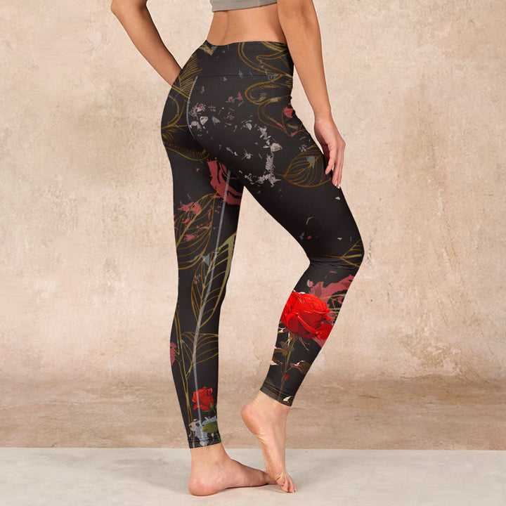 Buddha Stones Red Roses Print Gym Leggings Women's Yoga Pants - image 2