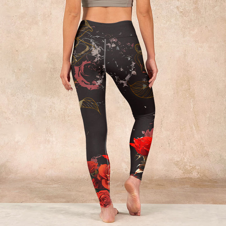 Buddha Stones Red Roses Print Gym Leggings Women's Yoga Pants - image 14
