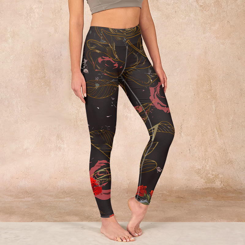 Buddha Stones Red Roses Print Gym Leggings Women's Yoga Pants - Black - US18，UK/AU22，EU50 (4XL) - image 0