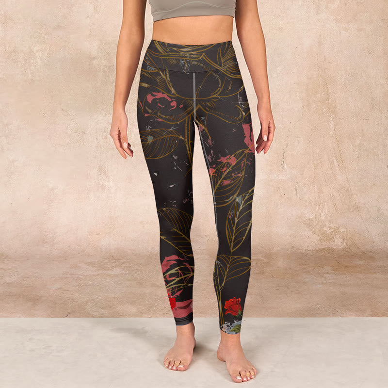 Buddha Stones Red Roses Print Gym Leggings Women's Yoga Pants - image 1