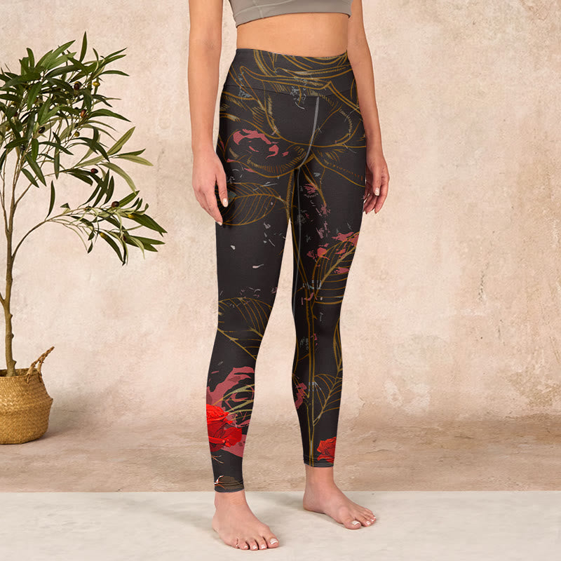 Buddha Stones Red Roses Print Gym Leggings Women's Yoga Pants - image 3