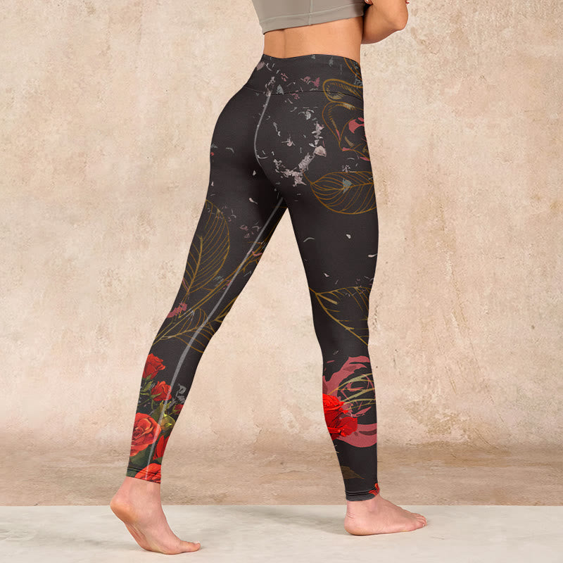 Buddha Stones Red Roses Print Gym Leggings Women's Yoga Pants - image 4