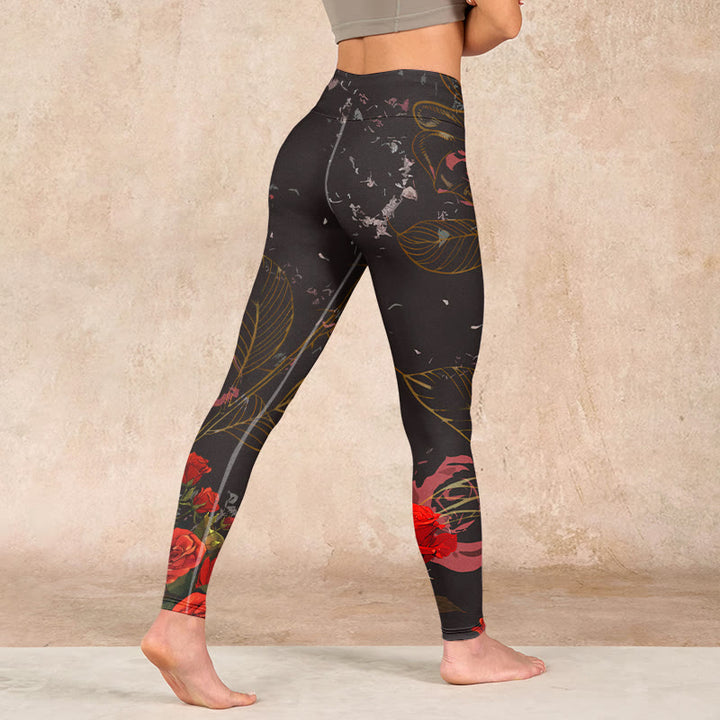 Buddha Stones Red Roses Print Gym Leggings Women's Yoga Pants - image 4