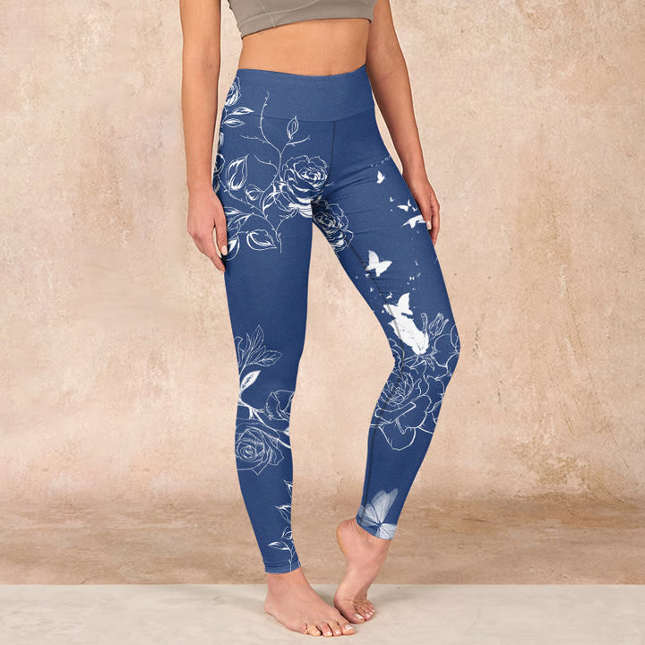 Buddha Stones Blue Rose Butterfly Print Sports Leggings Women's Yoga Pants - SteelBlue - US18，UK/AU22，EU50 (4XL) - image 0