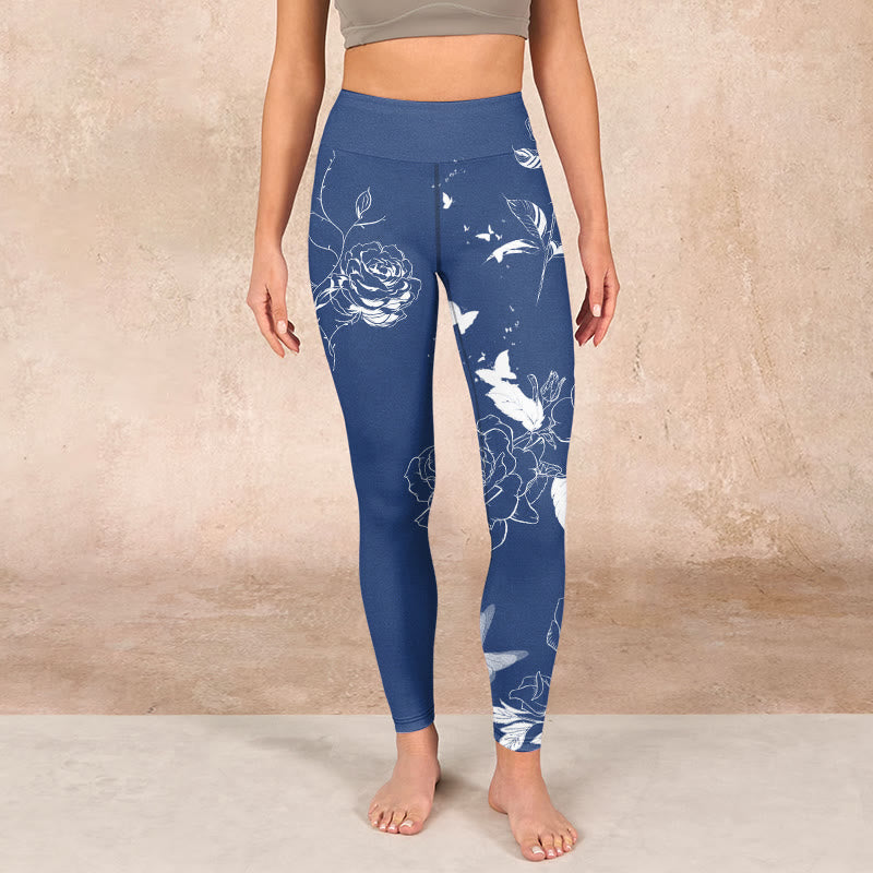 Buddha Stones Blue Rose Butterfly Print Sports Leggings Women's Yoga Pants - image 1