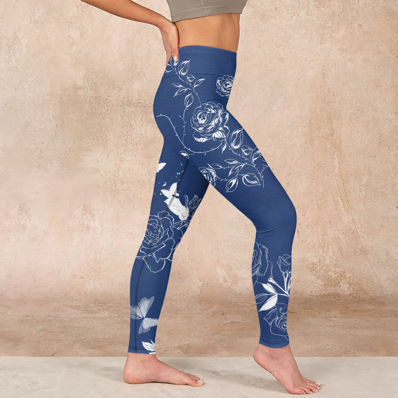 Buddha Stones Blue Rose Butterfly Print Sports Leggings Women's Yoga Pants - image 16