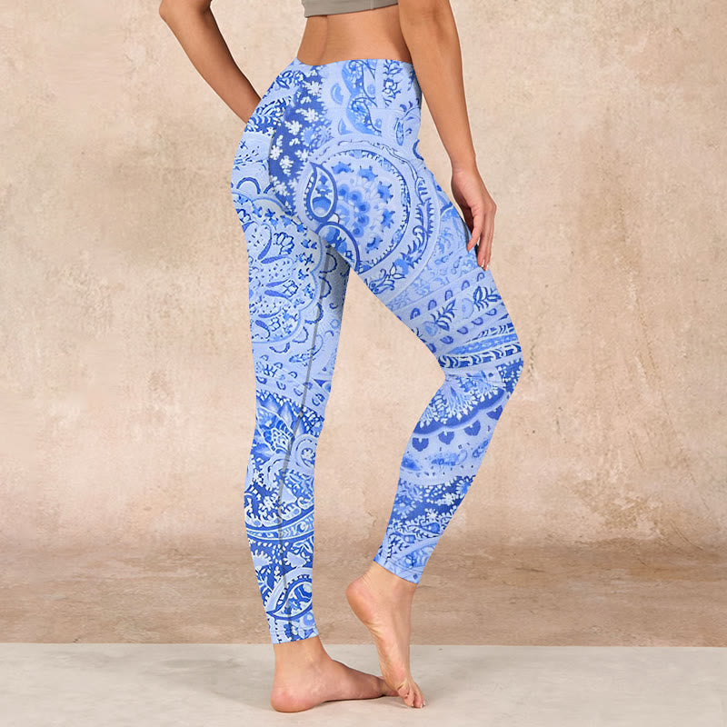 Buddha Stones Persian Style RoyalBlue White Flowers Pattern Print Exercise Leggings Women's Yoga Pants - image 2