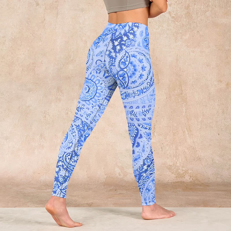 Buddha Stones Persian Style RoyalBlue White Flowers Pattern Print Exercise Leggings Women's Yoga Pants - image 4