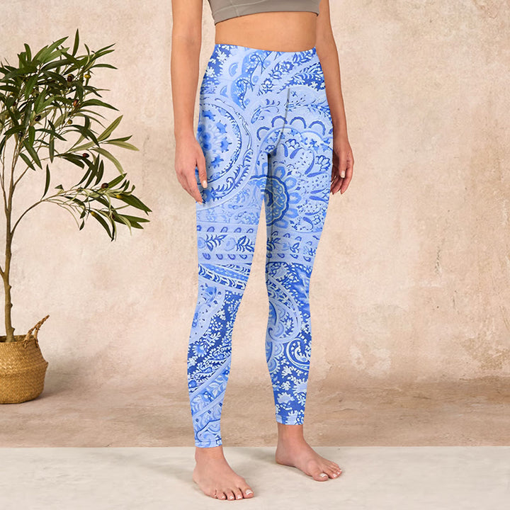 Buddha Stones Persian Style RoyalBlue White Flowers Pattern Print Exercise Leggings Women's Yoga Pants - image 3