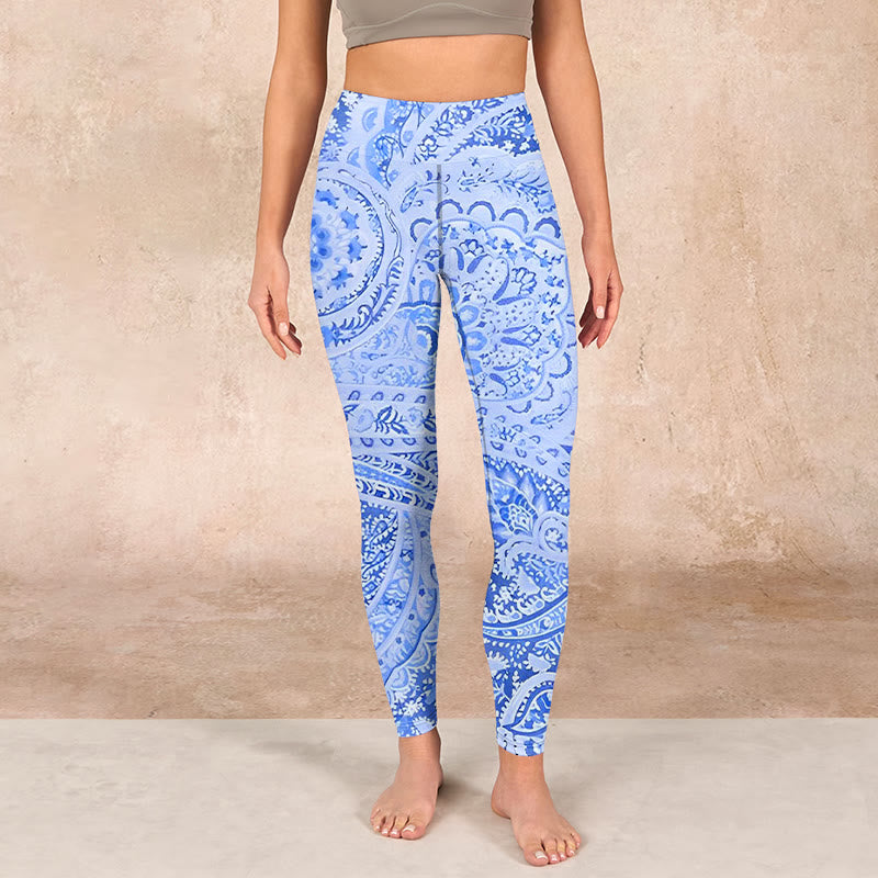 Buddha Stones Persian Style RoyalBlue White Flowers Pattern Print Exercise Leggings Women's Yoga Pants - image 1