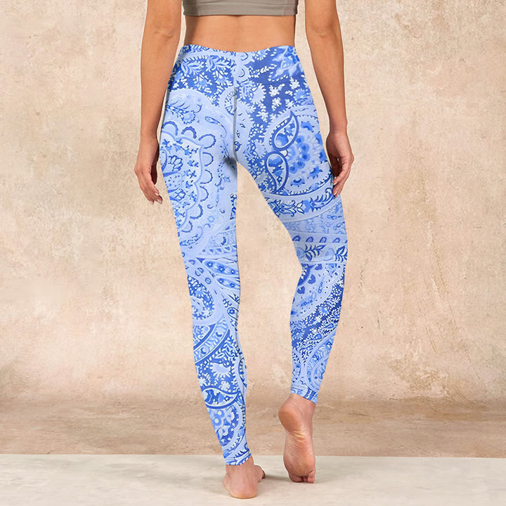 Buddha Stones Persian Style RoyalBlue White Flowers Pattern Print Exercise Leggings Women's Yoga Pants - image 14