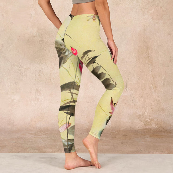 Buddha Stones Pink Blooming And Unbloomed Lotus Print Gym Leggings Women's Yoga Pants - image 2