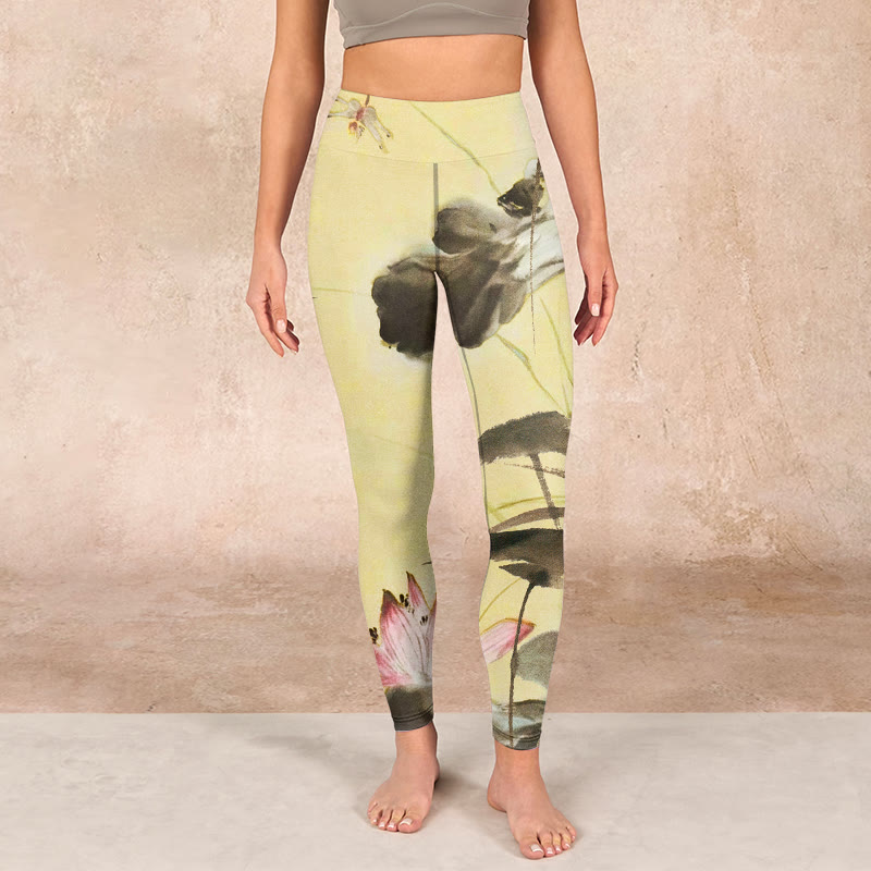 Buddha Stones Pink Blooming And Unbloomed Lotus Print Gym Leggings Women's Yoga Pants - image 1