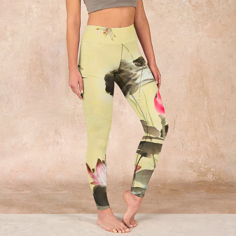 Buddha Stones Pink Blooming And Unbloomed Lotus Print Gym Leggings Women's Yoga Pants - Yellow - US18，UK/AU22，EU50 (4XL) - image 0