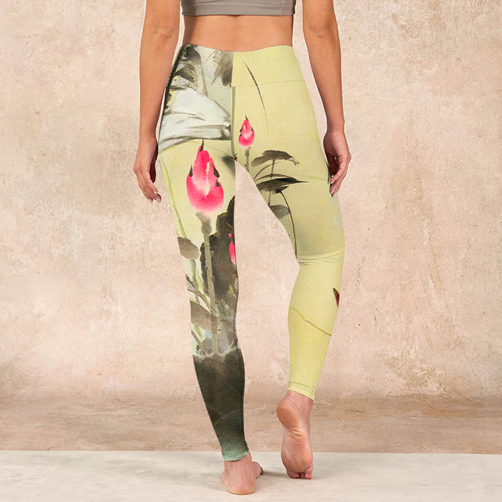 Buddha Stones Pink Blooming And Unbloomed Lotus Print Gym Leggings Women's Yoga Pants - image 14