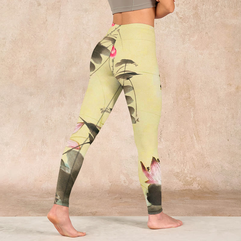 Buddha Stones Pink Blooming And Unbloomed Lotus Print Gym Leggings Women's Yoga Pants - image 4