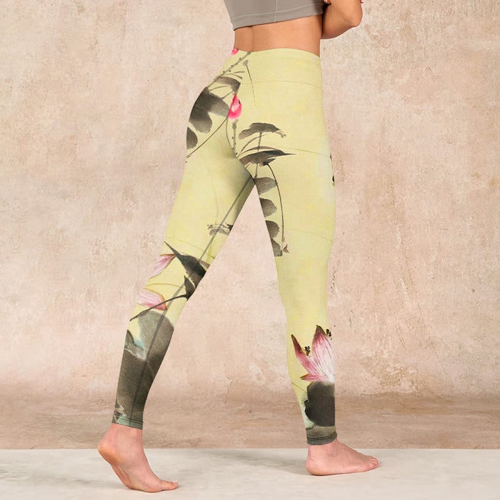 Buddha Stones Pink Blooming And Unbloomed Lotus Print Gym Leggings Women's Yoga Pants - image 4