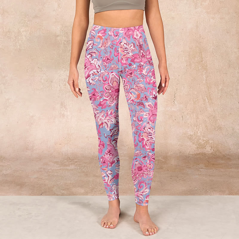 Buddha Stones Pink Flowers Print Gym Fitness Leggings Women's Yoga Pants - image 1