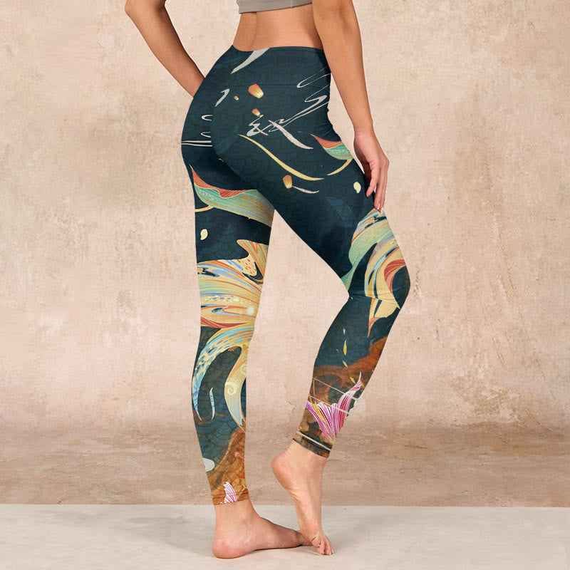 Buddha Stones Dark Slate Gray Double Koi Fish Sky Lantern Tower Exercise Leggings Women's Yoga Pants - image 2