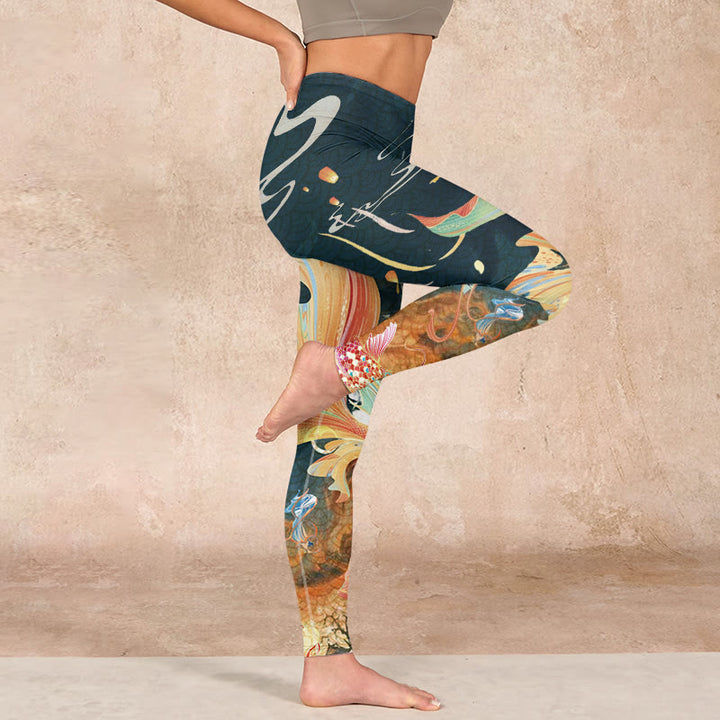 Buddha Stones Dark Slate Gray Double Koi Fish Sky Lantern Tower Exercise Leggings Women's Yoga Pants - image 15