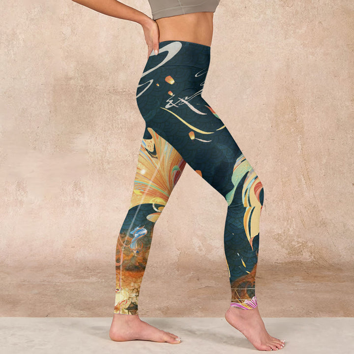 Buddha Stones Dark Slate Gray Double Koi Fish Sky Lantern Tower Exercise Leggings Women's Yoga Pants - image 16