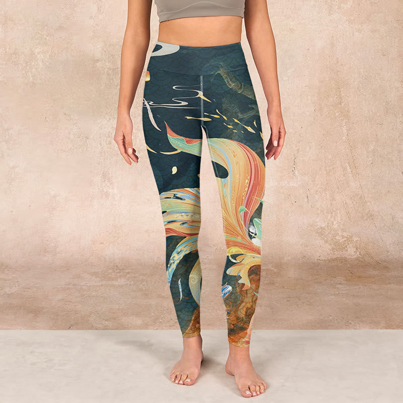 Buddha Stones Dark Slate Gray Double Koi Fish Sky Lantern Tower Exercise Leggings Women's Yoga Pants - image 1