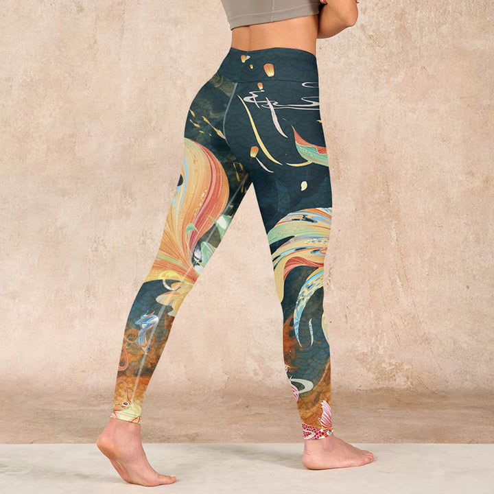 Buddha Stones Dark Slate Gray Double Koi Fish Sky Lantern Tower Exercise Leggings Women's Yoga Pants - image 4