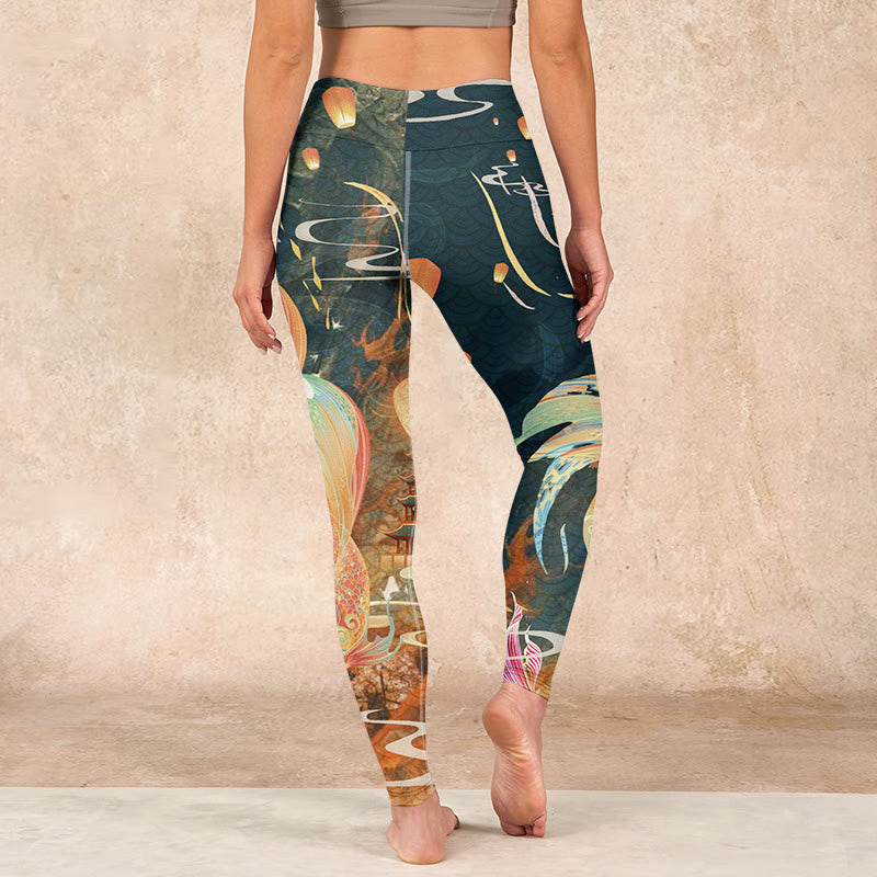 Buddha Stones Dark Slate Gray Double Koi Fish Sky Lantern Tower Exercise Leggings Women's Yoga Pants - image 14