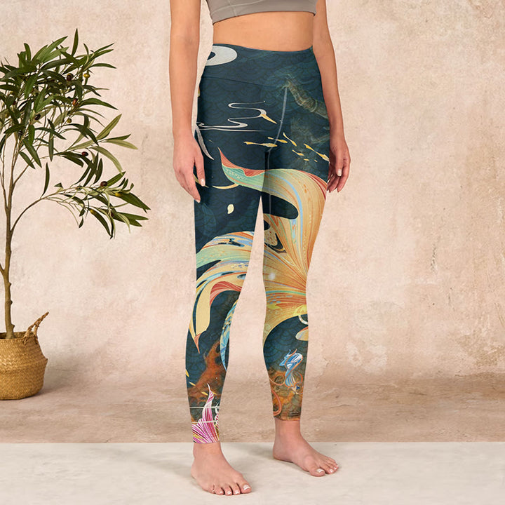 Buddha Stones Dark Slate Gray Double Koi Fish Sky Lantern Tower Exercise Leggings Women's Yoga Pants - image 3