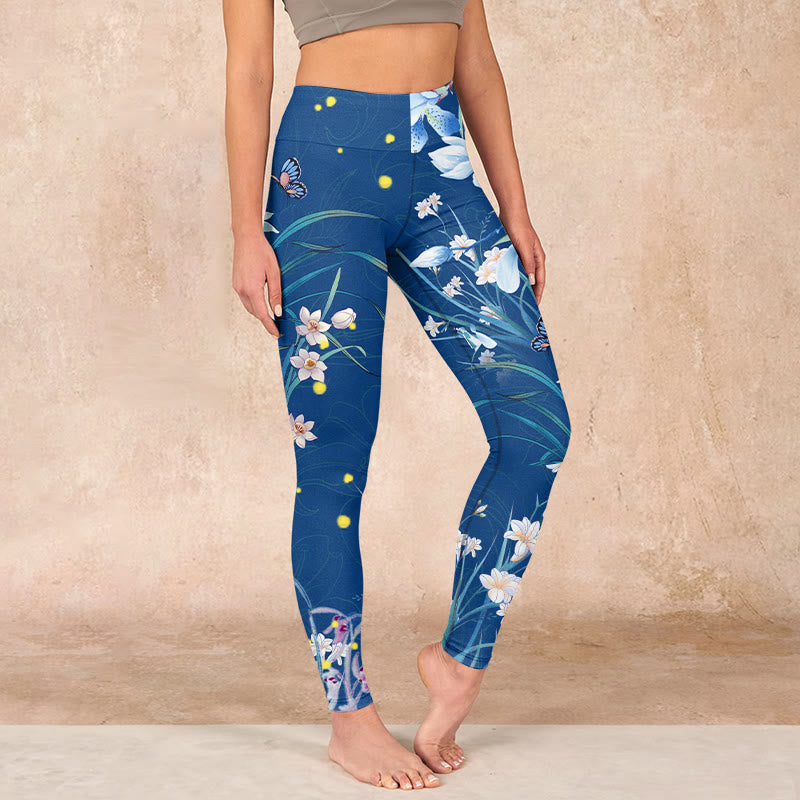 Buddha Stones SteelBlue Small White Flowers Butterfly Exercise Leggings Women's Yoga Pants - SteelBlue - US18，UK/AU22，EU50 (4XL) - image 0