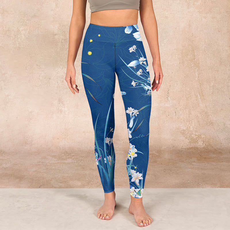 Buddha Stones SteelBlue Small White Flowers Butterfly Exercise Leggings Women's Yoga Pants - image 1