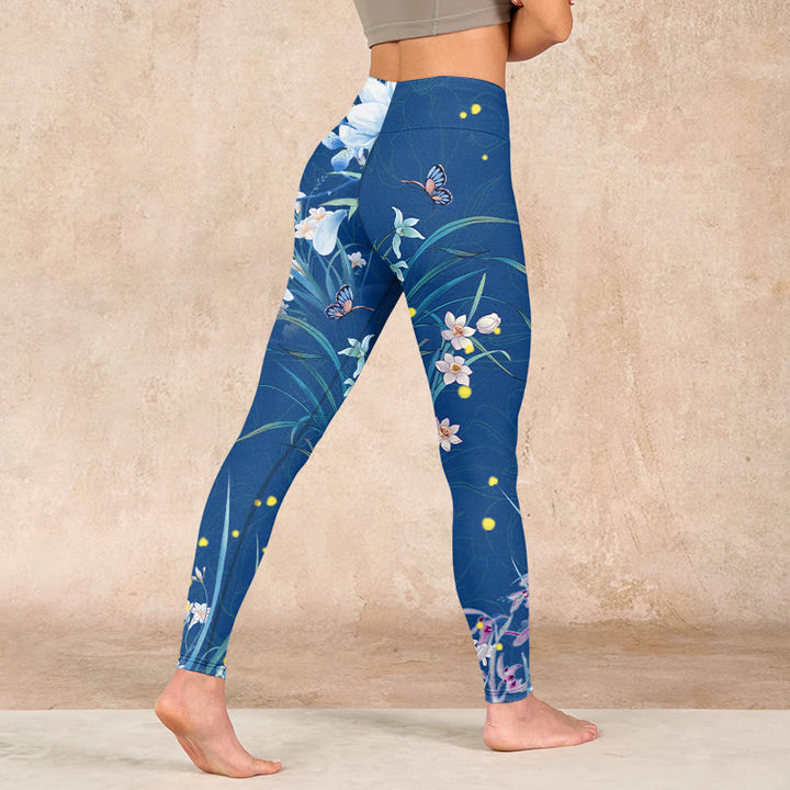 Buddha Stones SteelBlue Small White Flowers Butterfly Exercise Leggings Women's Yoga Pants - image 4