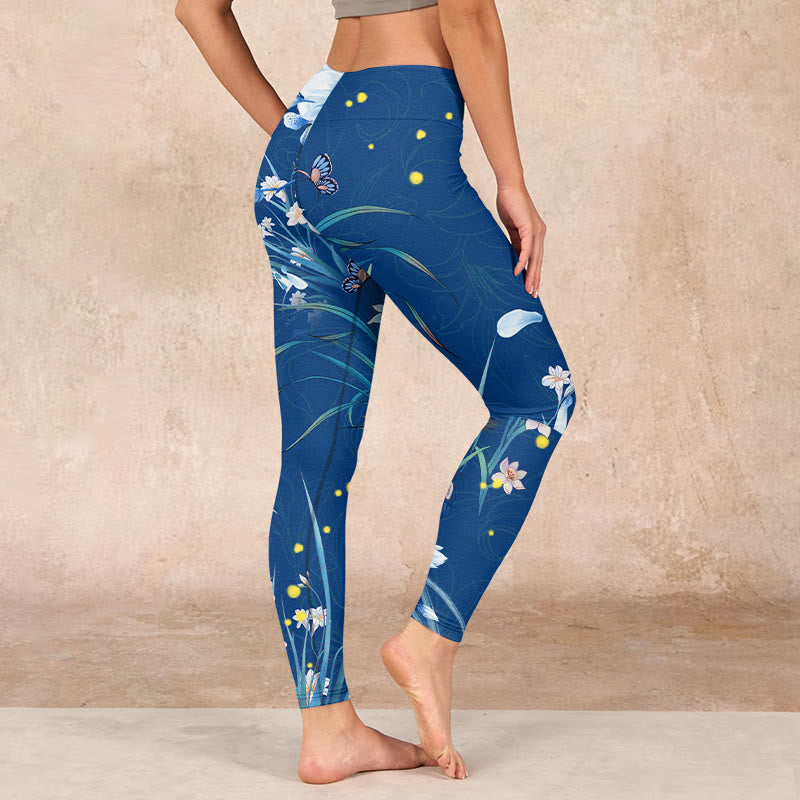 Buddha Stones SteelBlue Small White Flowers Butterfly Exercise Leggings Women's Yoga Pants - image 2