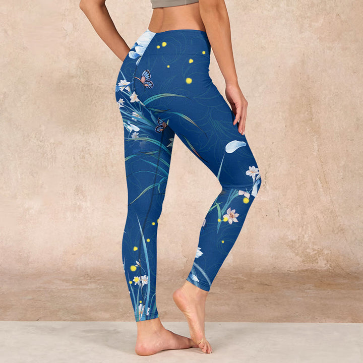 Buddha Stones SteelBlue Small White Flowers Butterfly Exercise Leggings Women's Yoga Pants - image 2