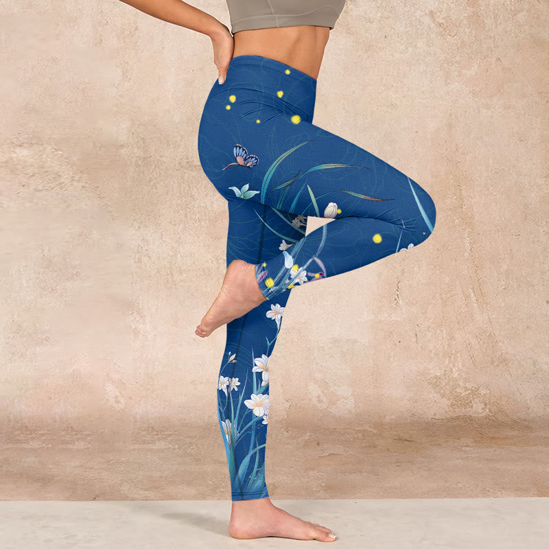 Buddha Stones SteelBlue Small White Flowers Butterfly Exercise Leggings Women's Yoga Pants - image 15