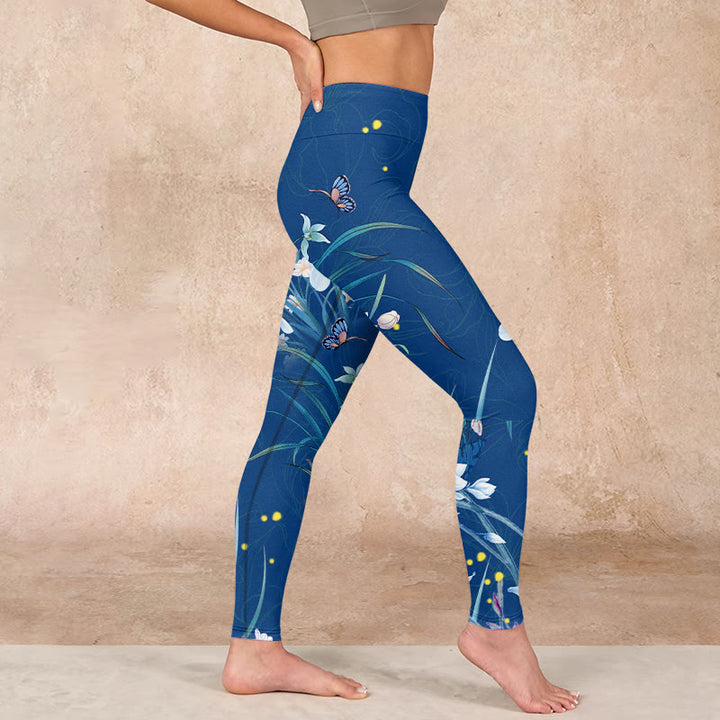 Buddha Stones SteelBlue Small White Flowers Butterfly Exercise Leggings Women's Yoga Pants - image 16