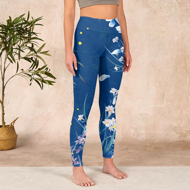 Buddha Stones SteelBlue Small White Flowers Butterfly Exercise Leggings Women's Yoga Pants - image 3