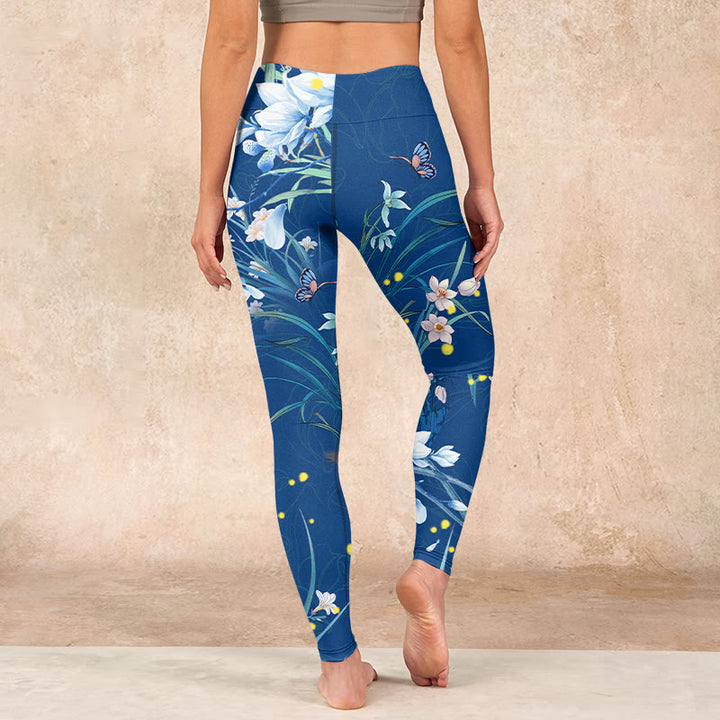 Buddha Stones SteelBlue Small White Flowers Butterfly Exercise Leggings Women's Yoga Pants - image 14