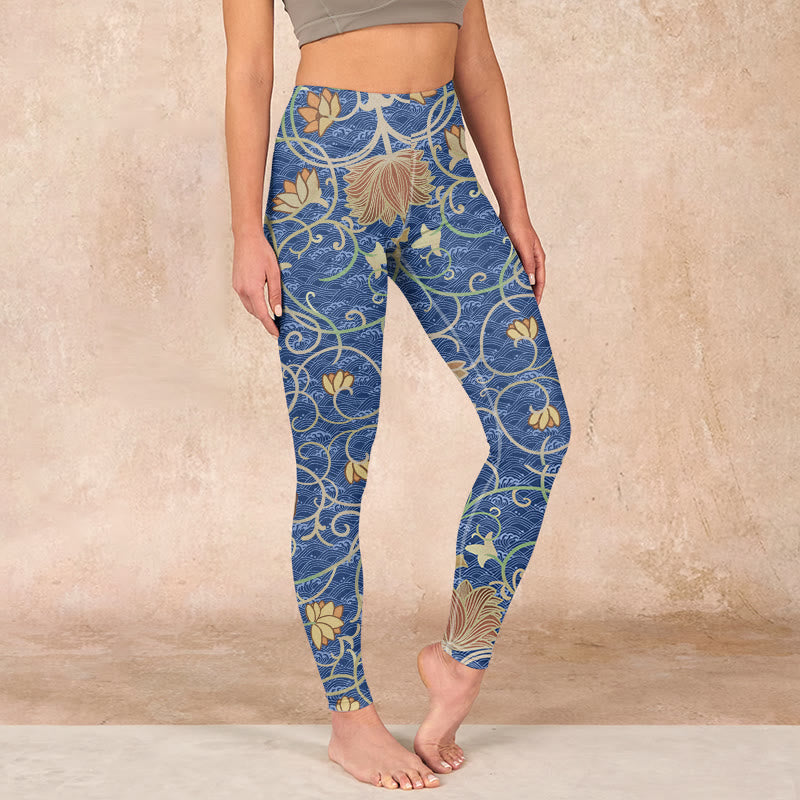 Buddha Stones Lotus Flowers Print Gym Leggings Women's Yoga Pants - SteelBlue - US18，UK/AU22，EU50 (4XL) - image 0