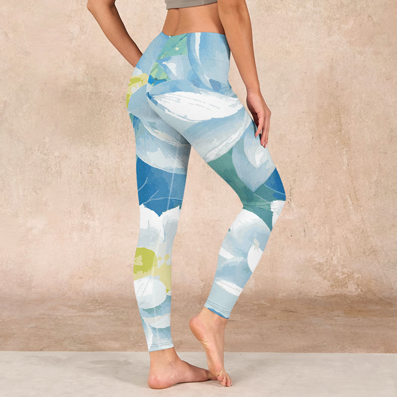 Buddha Stones Blue White Lotus Print Gym Leggings Women's Yoga Pants - image 2